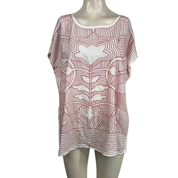 SAKKAS - WOMEN'S 1XL - OFF WHITE  FLORAL SHORT SLEEVE ROUND NECK 100% RAYON TOP - Picture 1 of 8